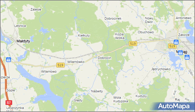 mapa Dobrocin gmina Małdyty, Dobrocin gmina Małdyty na mapie Targeo