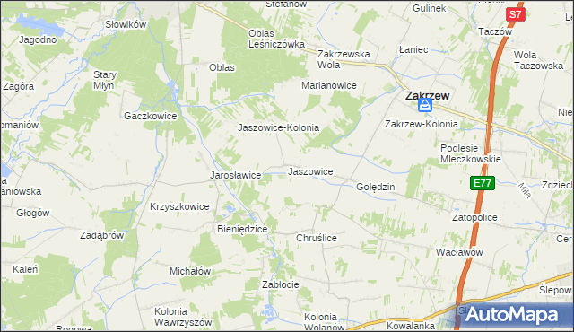 mapa Jaszowice gmina Zakrzew, Jaszowice gmina Zakrzew na mapie Targeo