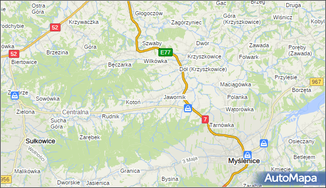 mapa Jawornik gmina Myślenice, Jawornik gmina Myślenice na mapie Targeo