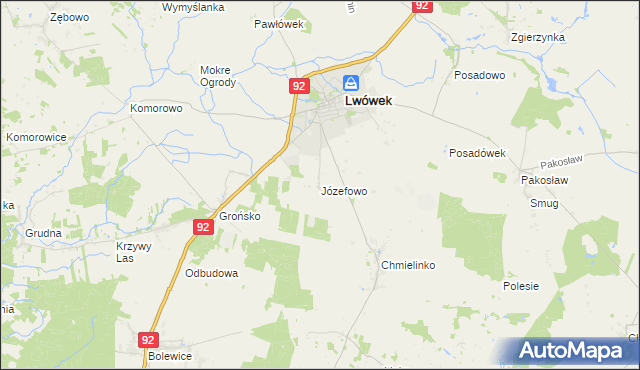 mapa Józefowo gmina Lwówek, Józefowo gmina Lwówek na mapie Targeo