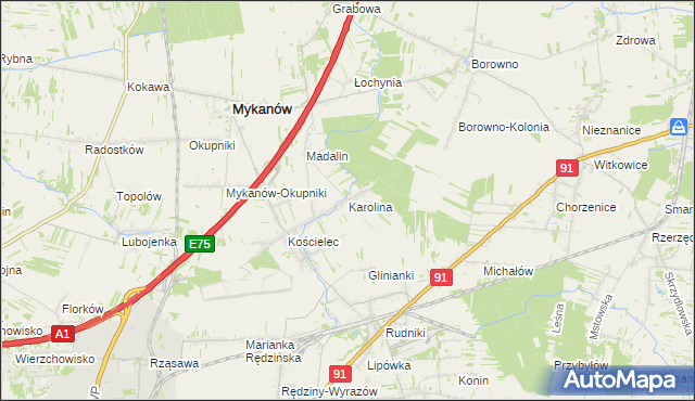mapa Karolina gmina Rędziny, Karolina gmina Rędziny na mapie Targeo