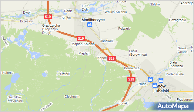 mapa Kopce gmina Janów Lubelski, Kopce gmina Janów Lubelski na mapie Targeo