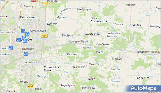 mapa Korczew gmina Bełchatów, Korczew gmina Bełchatów na mapie Targeo