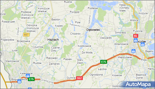 mapa Kostkowice gmina Dębowiec, Kostkowice gmina Dębowiec na mapie Targeo