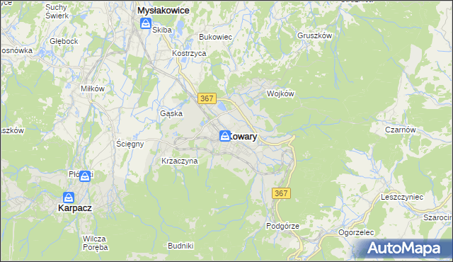 mapa Kowary powiat jeleniogórski, Kowary powiat jeleniogórski na mapie Targeo