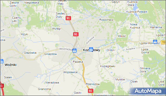 mapa Koziegłowy powiat myszkowski, Koziegłowy powiat myszkowski na mapie Targeo