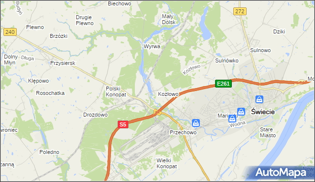 mapa Kozłowo gmina Świecie, Kozłowo gmina Świecie na mapie Targeo