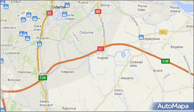 mapa Krępiec gmina Pruszcz Gdański, Krępiec gmina Pruszcz Gdański na mapie Targeo