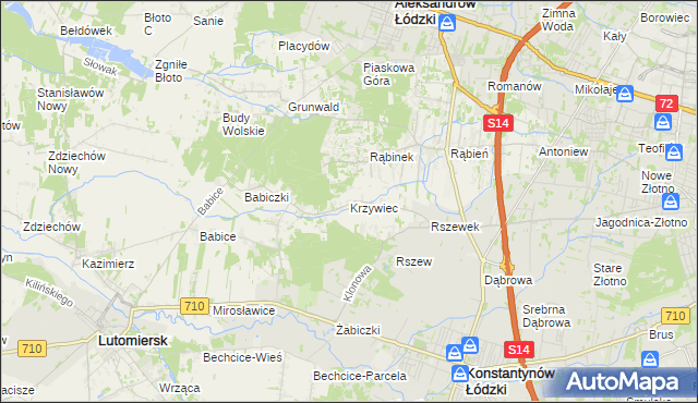 mapa Krzywiec gmina Aleksandrów Łódzki, Krzywiec gmina Aleksandrów Łódzki na mapie Targeo