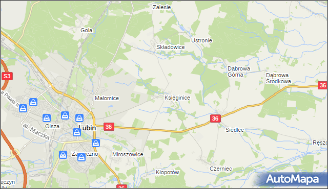 mapa Księginice gmina Lubin, Księginice gmina Lubin na mapie Targeo