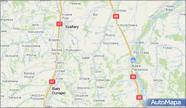 mapa Leśnica gmina Bukowina Tatrzańska, Leśnica gmina Bukowina Tatrzańska na mapie Targeo