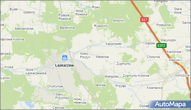 mapa Melanów gmina Łaskarzew, Melanów gmina Łaskarzew na mapie Targeo