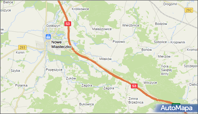 mapa Miłaków gmina Nowe Miasteczko, Miłaków gmina Nowe Miasteczko na mapie Targeo