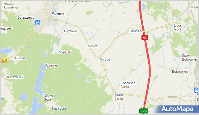 mapa Mirotki gmina Skórcz, Mirotki gmina Skórcz na mapie Targeo