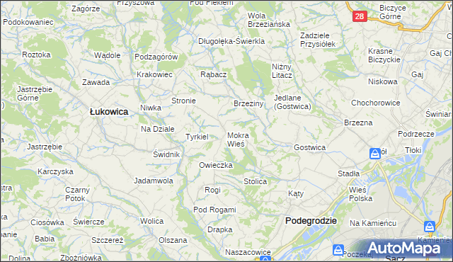 mapa Mokra Wieś gmina Podegrodzie, Mokra Wieś gmina Podegrodzie na mapie Targeo