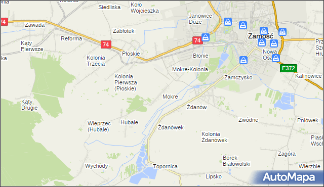 mapa Mokre gmina Zamość, Mokre gmina Zamość na mapie Targeo