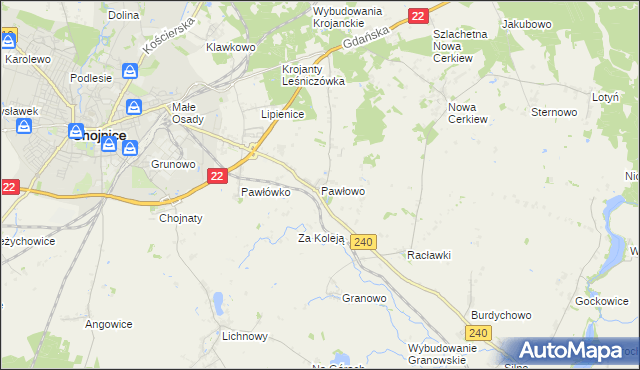 mapa Pawłowo gmina Chojnice, Pawłowo gmina Chojnice na mapie Targeo