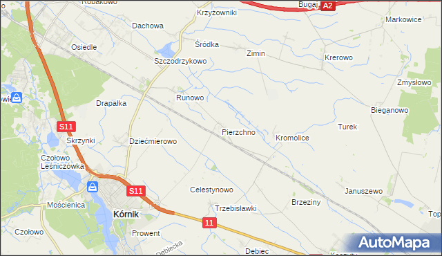 mapa Pierzchno gmina Kórnik, Pierzchno gmina Kórnik na mapie Targeo