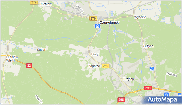 mapa Płoty gmina Czerwieńsk, Płoty gmina Czerwieńsk na mapie Targeo
