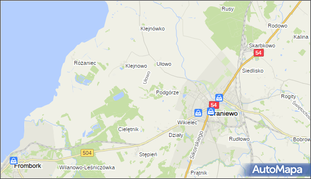 mapa Podgórze gmina Braniewo, Podgórze gmina Braniewo na mapie Targeo