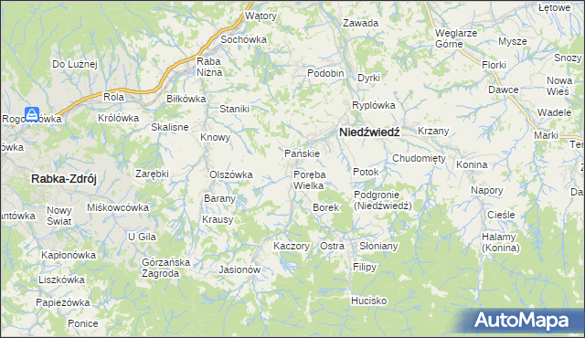 mapa Poręba Wielka gmina Niedźwiedź, Poręba Wielka gmina Niedźwiedź na mapie Targeo