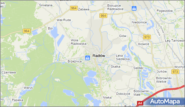 mapa Radłów powiat tarnowski, Radłów powiat tarnowski na mapie Targeo