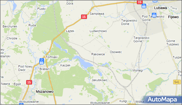 mapa Rakowice gmina Lubawa, Rakowice gmina Lubawa na mapie Targeo