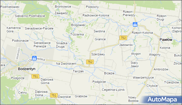 mapa Szerzawy gmina Pawłów, Szerzawy gmina Pawłów na mapie Targeo