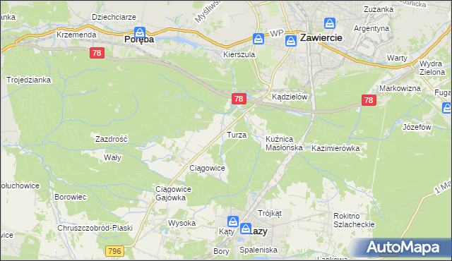 mapa Turza gmina Łazy, Turza gmina Łazy na mapie Targeo