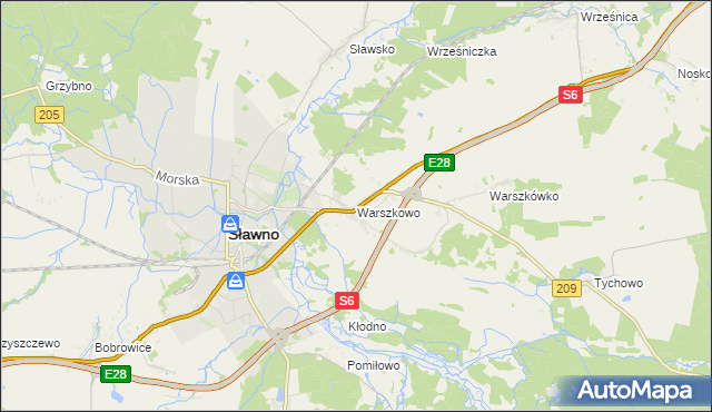 mapa Warszkowo gmina Sławno, Warszkowo gmina Sławno na mapie Targeo