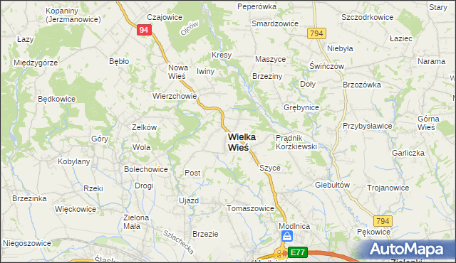 mapa Wielka Wieś powiat krakowski, Wielka Wieś powiat krakowski na mapie Targeo
