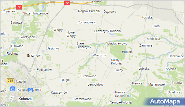 mapa Wierzchy gmina Koluszki, Wierzchy gmina Koluszki na mapie Targeo