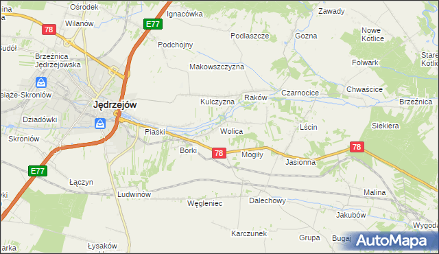 mapa Wolica gmina Jędrzejów, Wolica gmina Jędrzejów na mapie Targeo