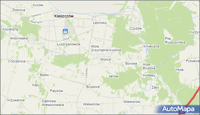 mapa Wolica gmina Kleszczów, Wolica gmina Kleszczów na mapie Targeo