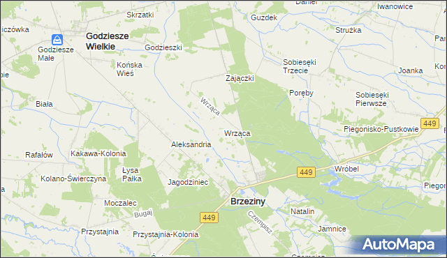 mapa Wrząca gmina Brzeziny, Wrząca gmina Brzeziny na mapie Targeo