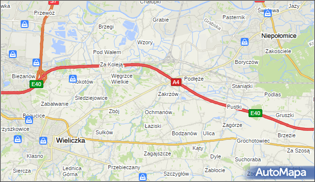 mapa Zakrzów gmina Niepołomice, Zakrzów gmina Niepołomice na mapie Targeo