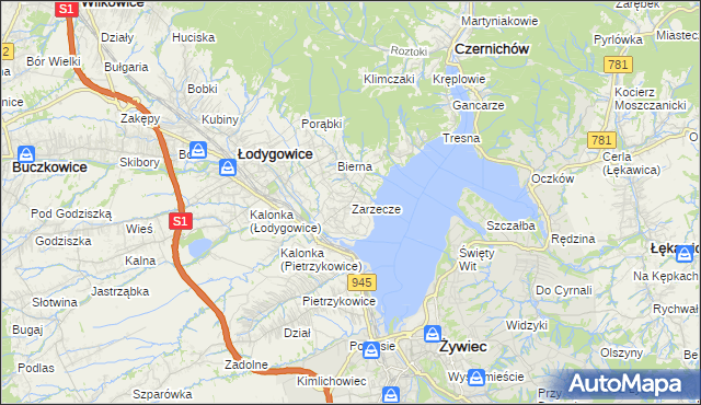 mapa Zarzecze gmina Łodygowice, Zarzecze gmina Łodygowice na mapie Targeo