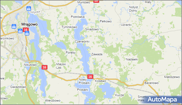 mapa Zawada gmina Mrągowo, Zawada gmina Mrągowo na mapie Targeo