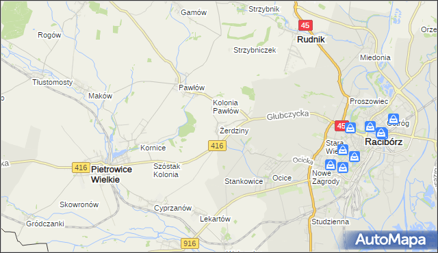 mapa Żerdziny gmina Pietrowice Wielkie, Żerdziny gmina Pietrowice Wielkie na mapie Targeo