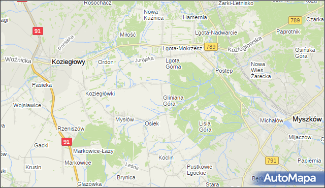 mapa Gliniana Góra gmina Koziegłowy, Gliniana Góra gmina Koziegłowy na mapie Targeo