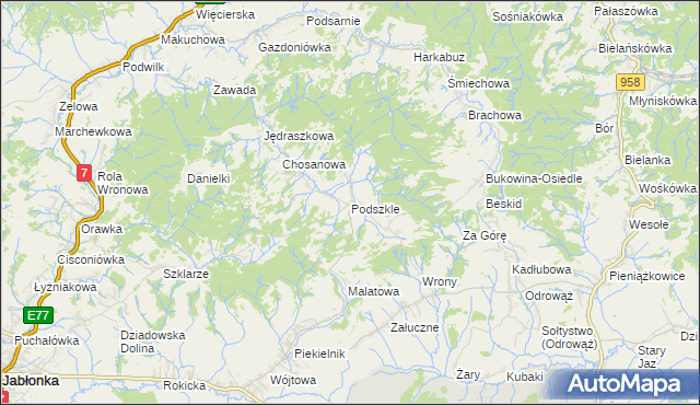 mapa Podszkle gmina Czarny Dunajec, Podszkle gmina Czarny Dunajec na mapie Targeo