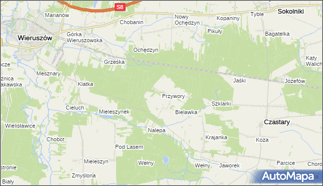 mapa Przywory gmina Czastary, Przywory gmina Czastary na mapie Targeo