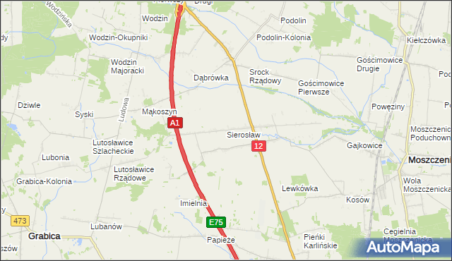 mapa Sierosław gmina Moszczenica, Sierosław gmina Moszczenica na mapie Targeo