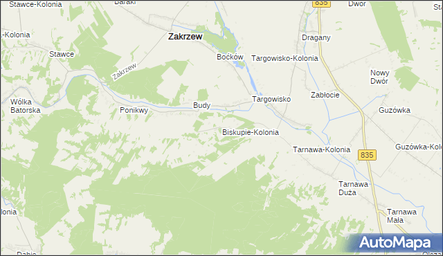 mapa Biskupie-Kolonia gmina Wysokie, Biskupie-Kolonia gmina Wysokie na mapie Targeo