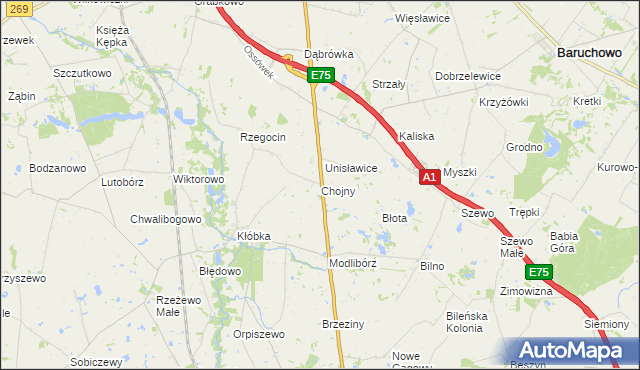 mapa Chojny gmina Lubień Kujawski, Chojny gmina Lubień Kujawski na mapie Targeo