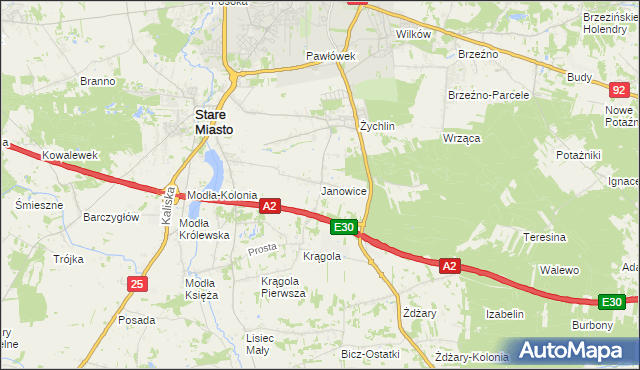 mapa Janowice gmina Stare Miasto, Janowice gmina Stare Miasto na mapie Targeo