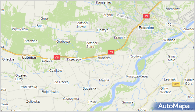 mapa Ruszcza gmina Połaniec, Ruszcza gmina Połaniec na mapie Targeo