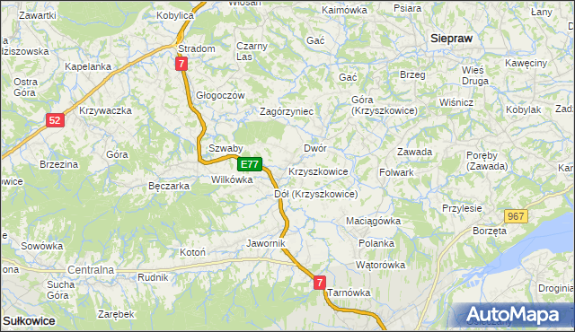 mapa Krzyszkowice gmina Myślenice, Krzyszkowice gmina Myślenice na mapie Targeo