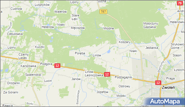 mapa Linów gmina Zwoleń, Linów gmina Zwoleń na mapie Targeo