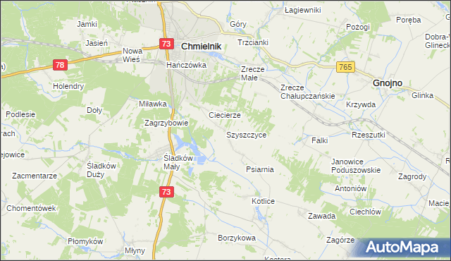 mapa Szyszczyce gmina Chmielnik, Szyszczyce gmina Chmielnik na mapie Targeo